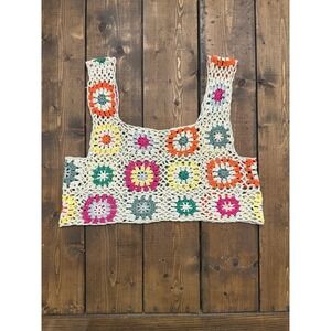 Boho Hippie Granny Square Crocheted Crop Tank Top Un Sized